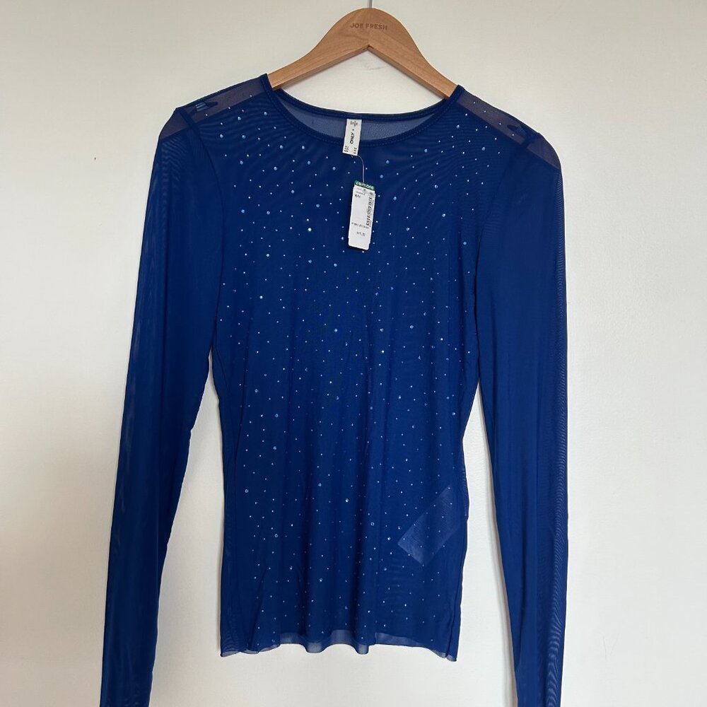 NWT ONLY Sequin Mesh Top Sheer See Through Shirt Long Sleeve Size M